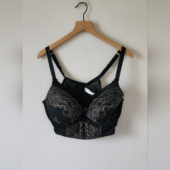 Cacique Boost Plunge 42DD Underwire Black Gold Lace Bra - Picture 1 of 9